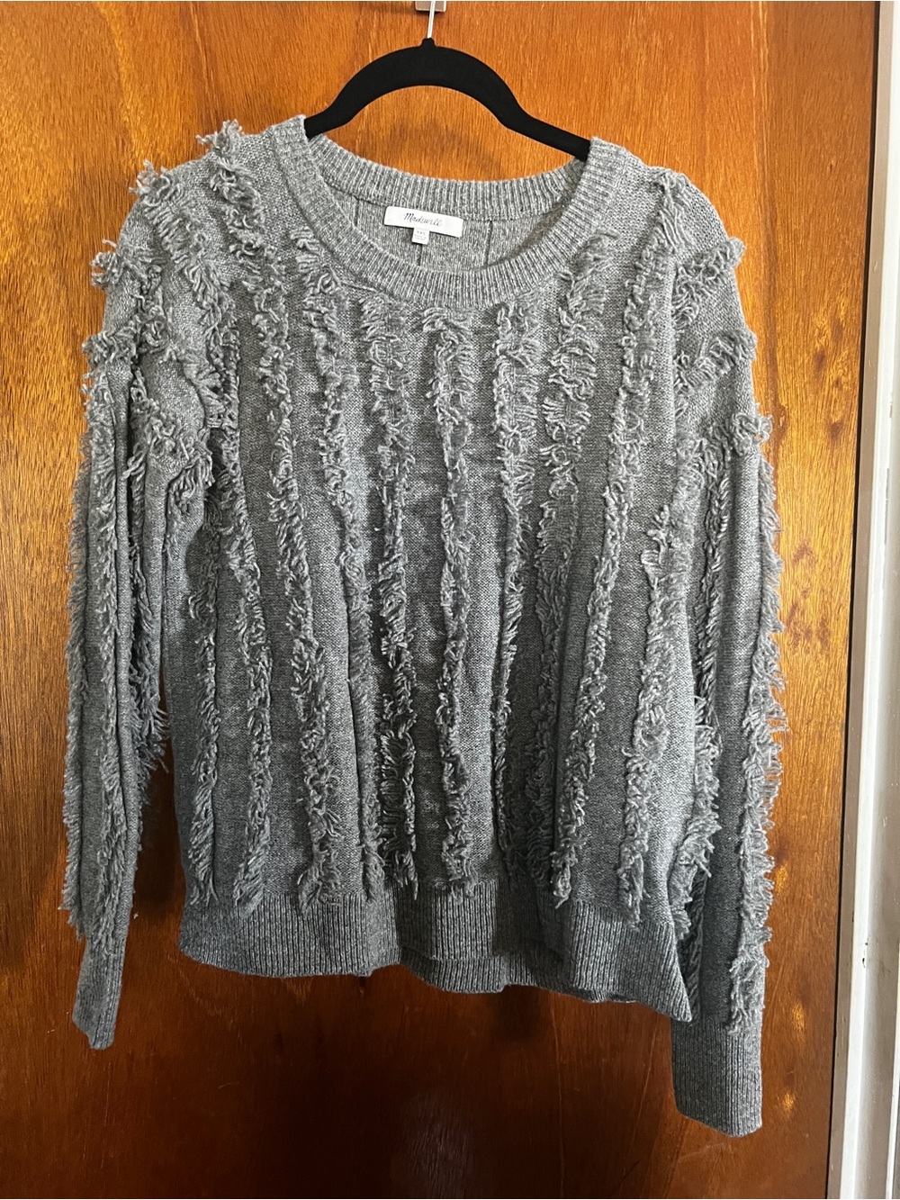 Madewell Gray Fringed Crewneck Sweater